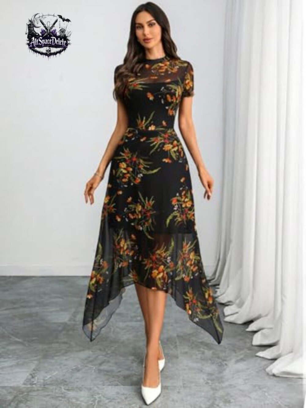 Floral Mesh Midi Dress, Double-Layered, A-Line, Short Sleeve, Gothic Style - Picture 4 of 7